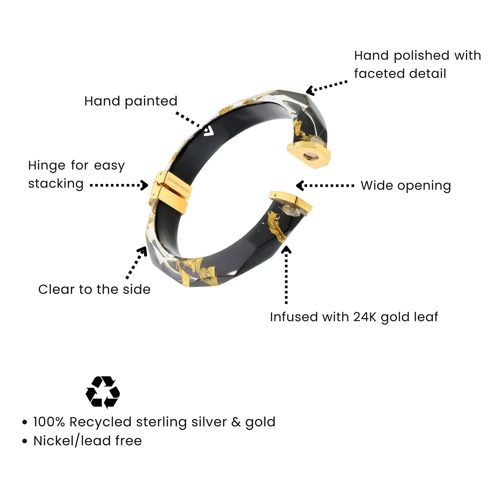 Bangle with gold accents and text detailing features on a white background