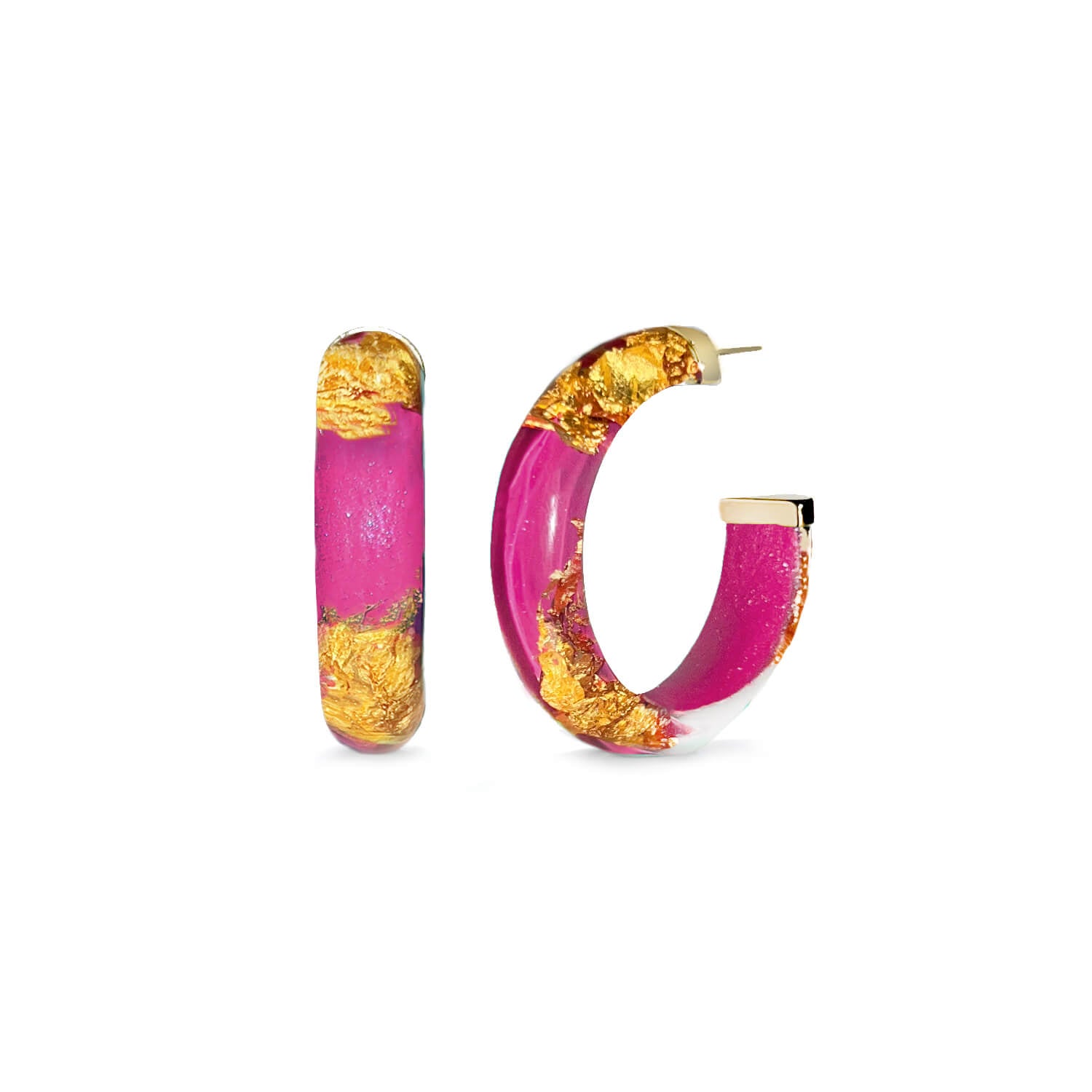 dahlia purple pink 24k gold leaf hoop earrings