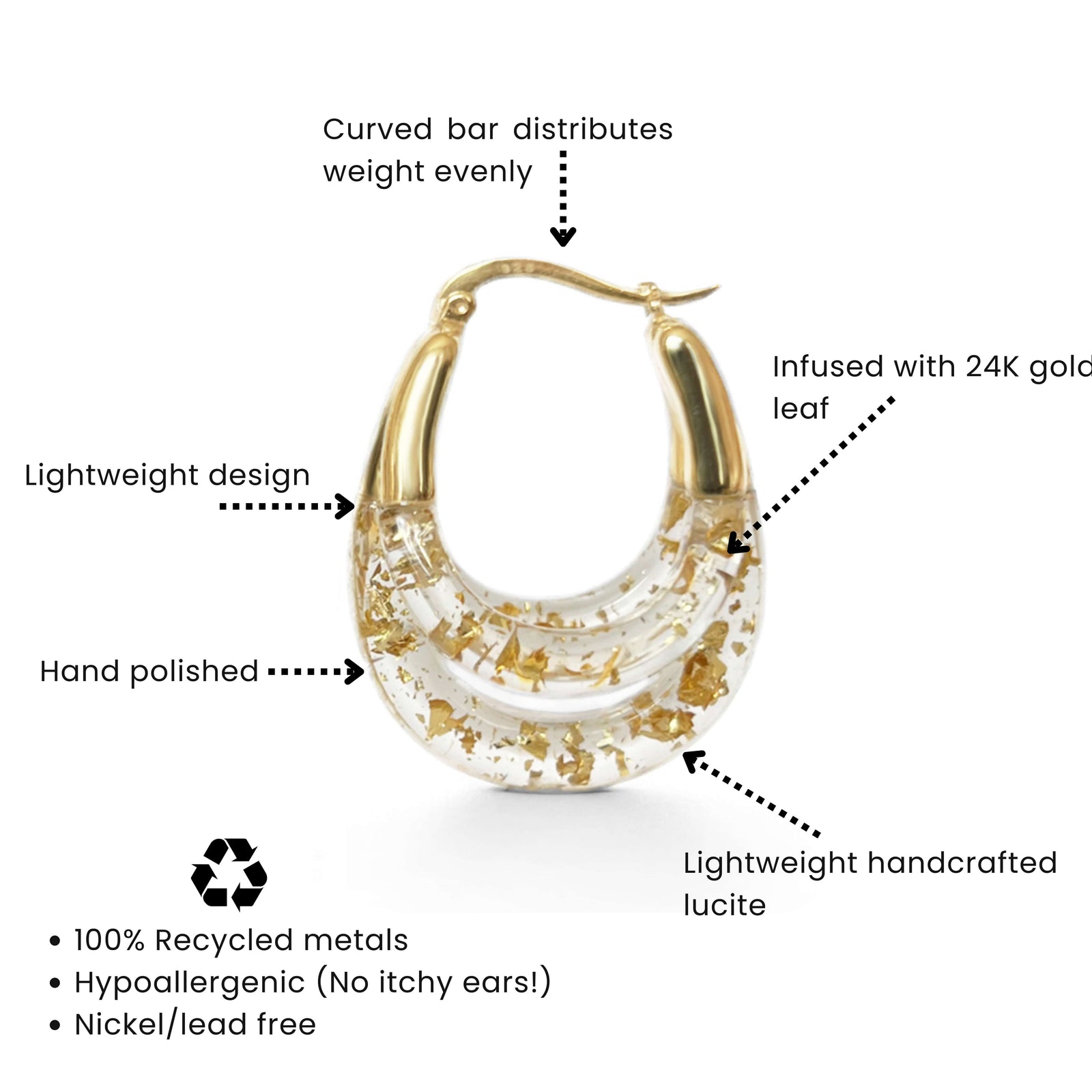 Gold hoop earring with text highlighting features on a white background