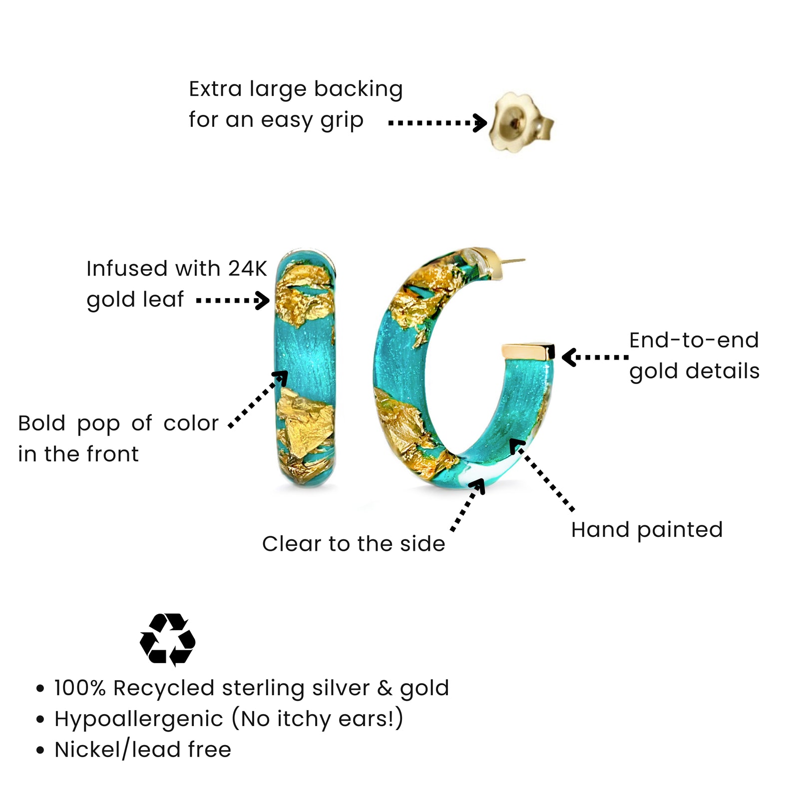 Turquoise hoop earrings with gold leaf details and text highlighting features on a white background