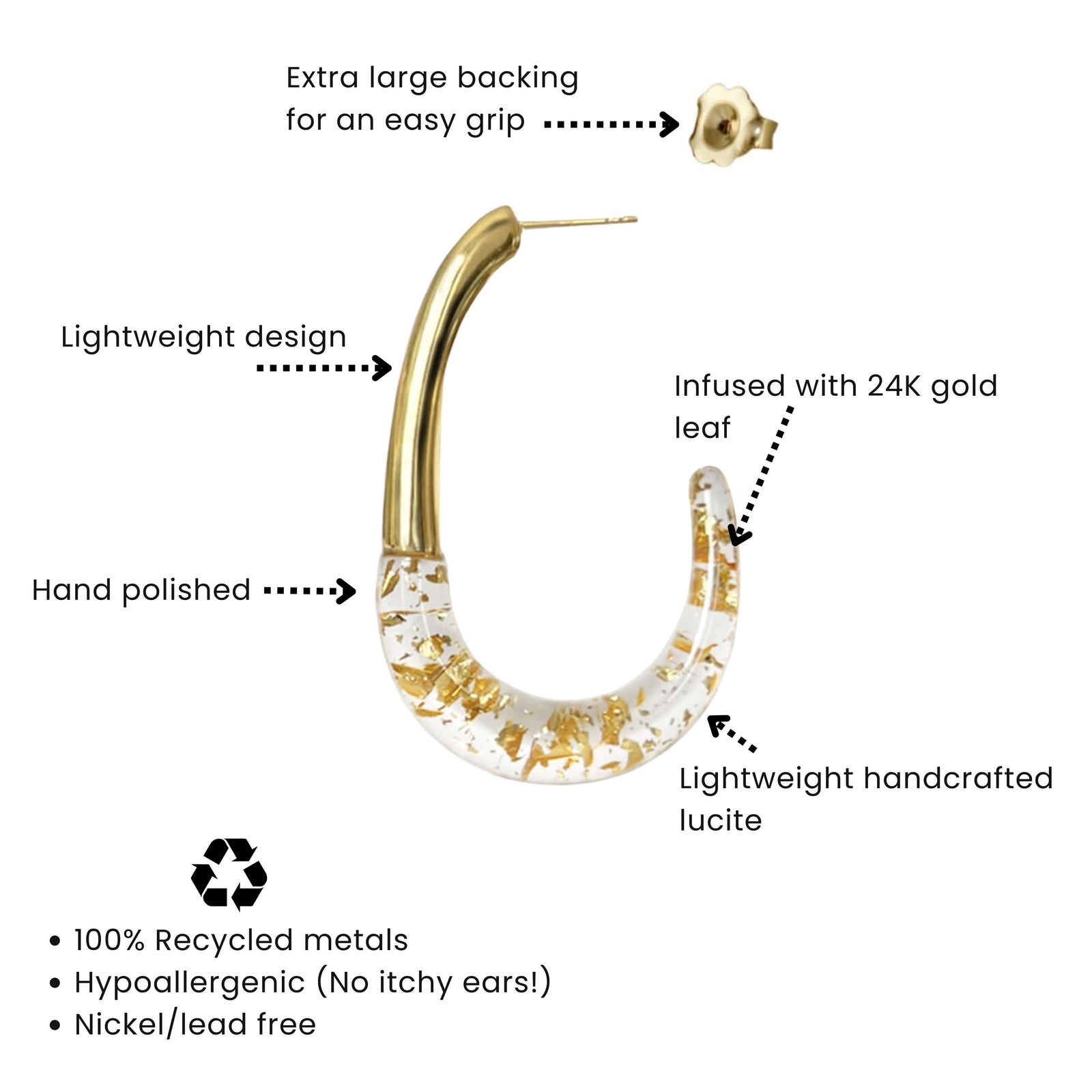 Gold hoop earring with text highlighting features on a white background