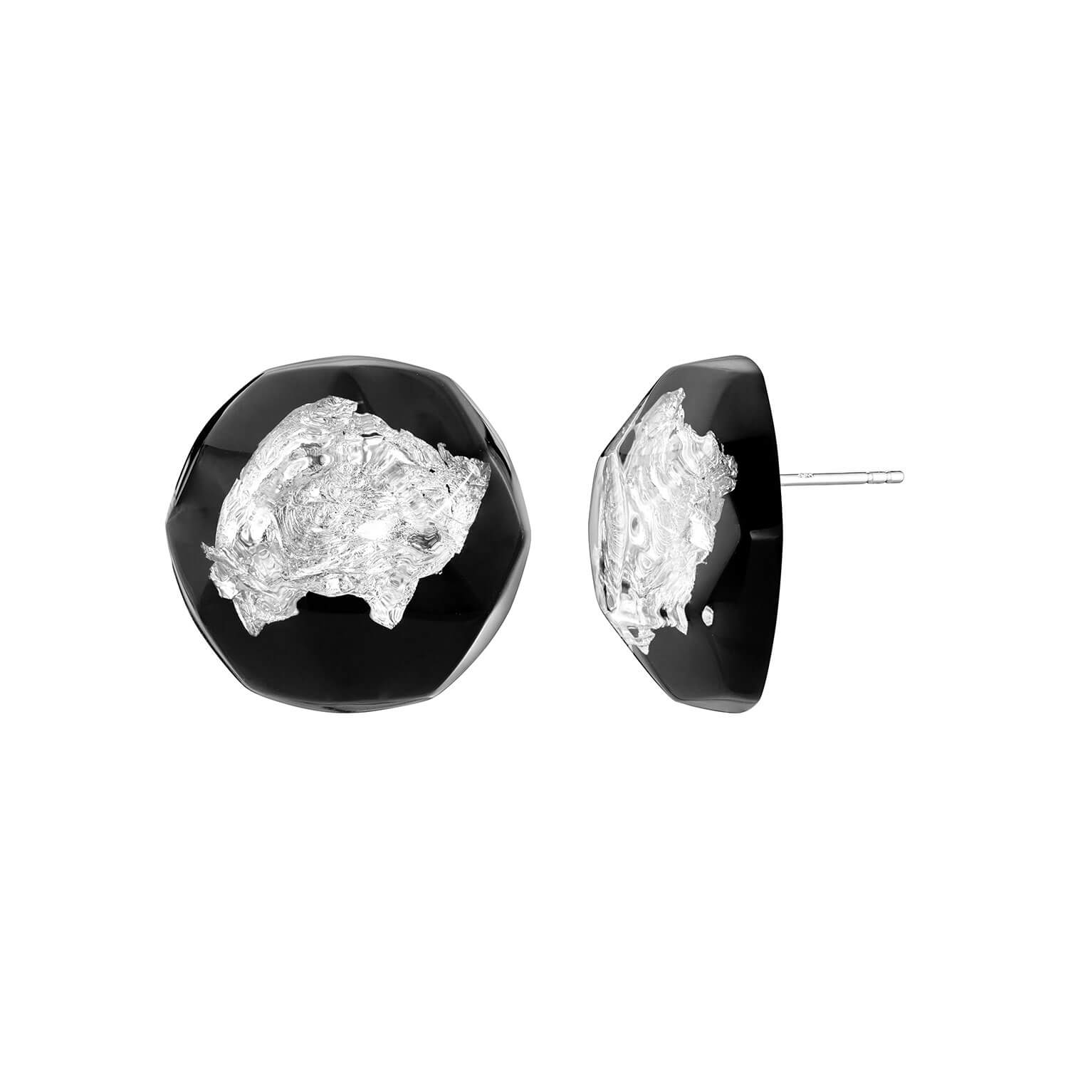 black button stud earring with silver leaf on white background
