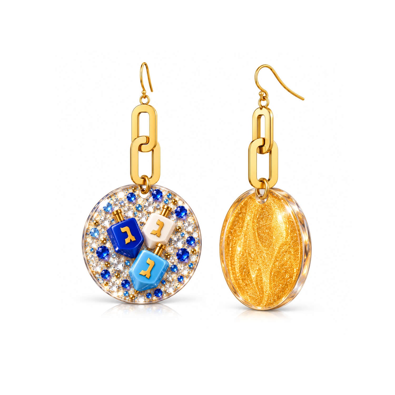 A pair of gold-tone dangle earrings on a white background. One earring is shown from the front, featuring a round pavé disc with blue and white stones and two small blue and white mezuzah cases.
