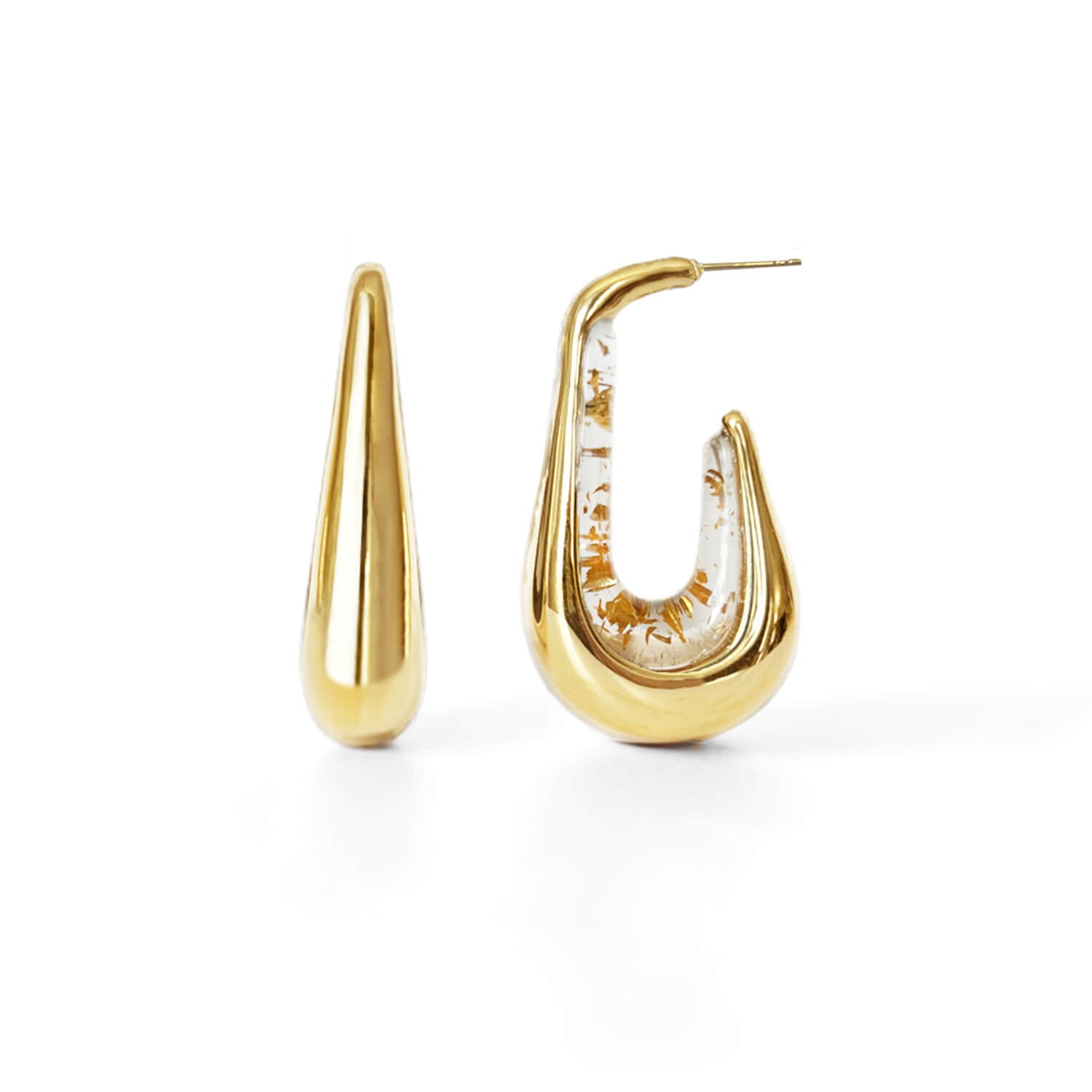 chunky drop hoop earrings with 24K gold leaf flakes and clear lucite