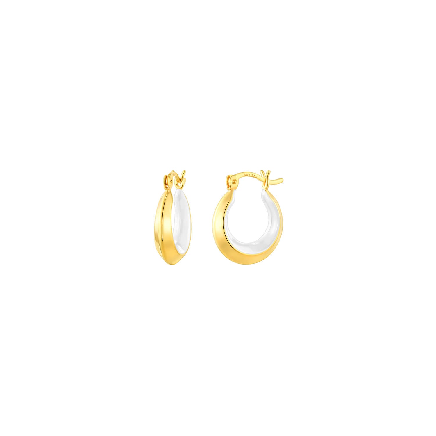 PETITE GOLD EARRINGS WITH WHITE ENAMEL ON WHITE BACKGROUND