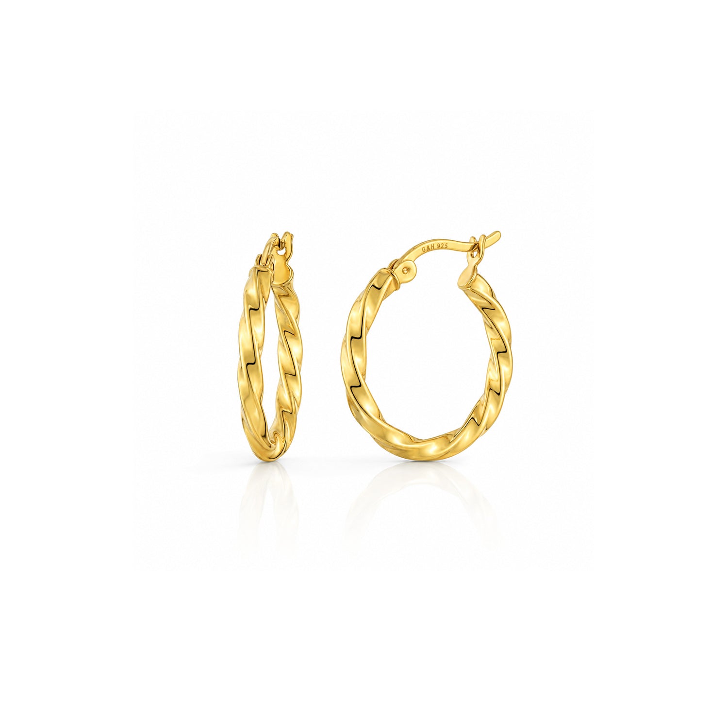 A pair of yellow gold hoop earrings with a twisted, textured finish, shown from front and side angles on a clean white background.