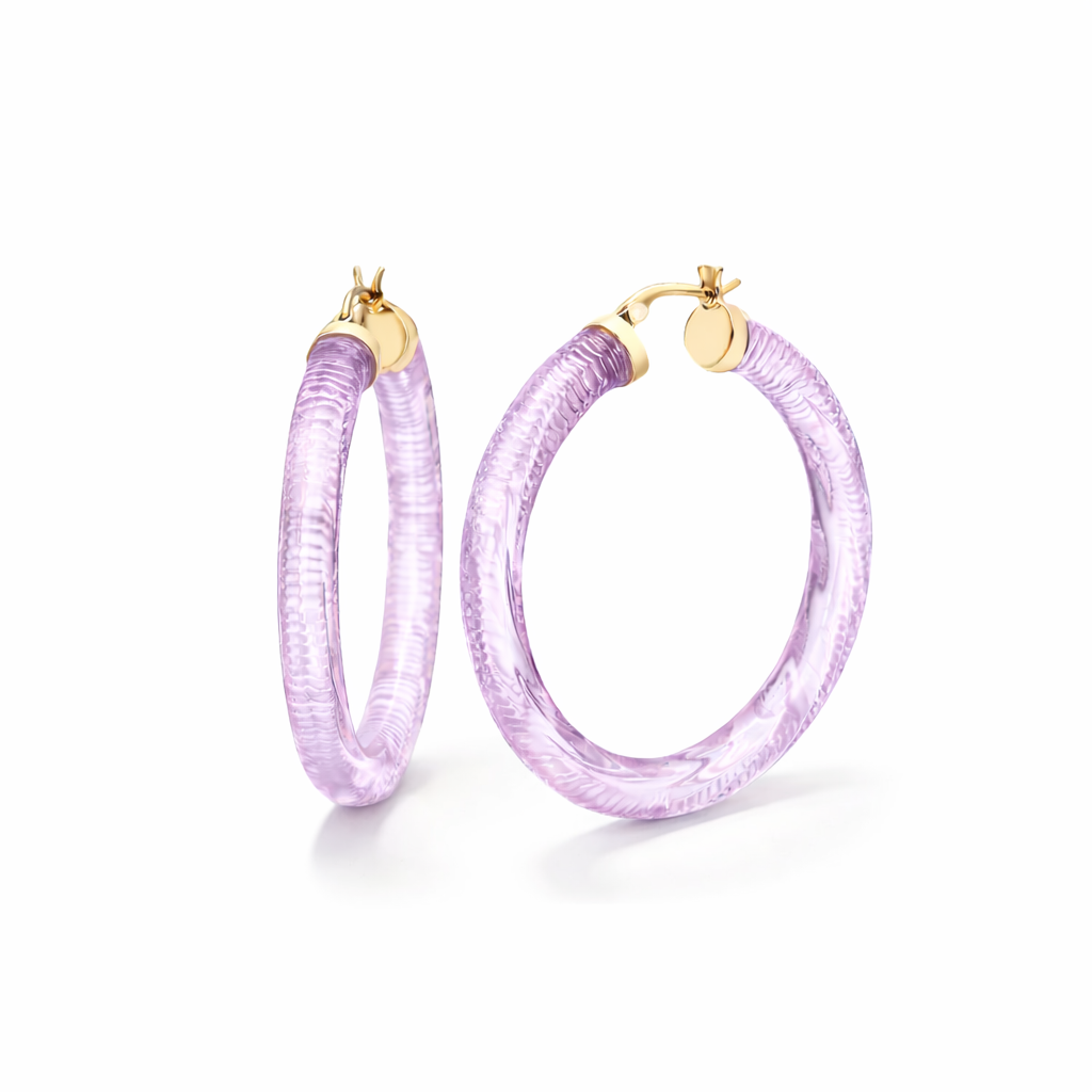 Purple hoop earrings with gold accents on a white background