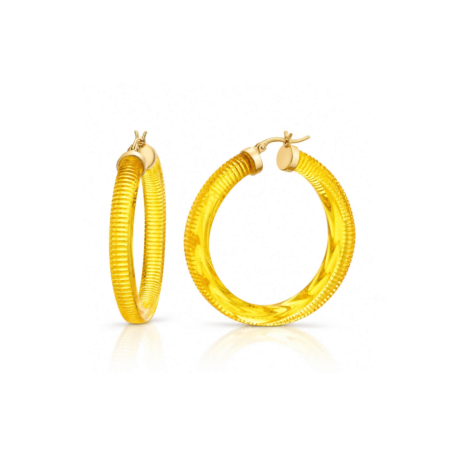 yellow honey hoop earrings with texture on a white background