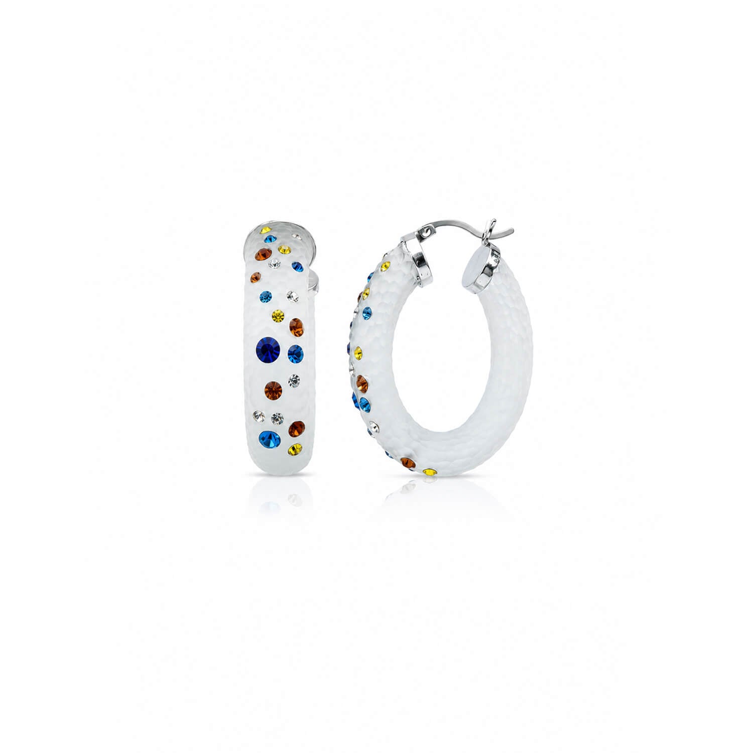 Pair of hoop earrings with colorful gemstones on a white background