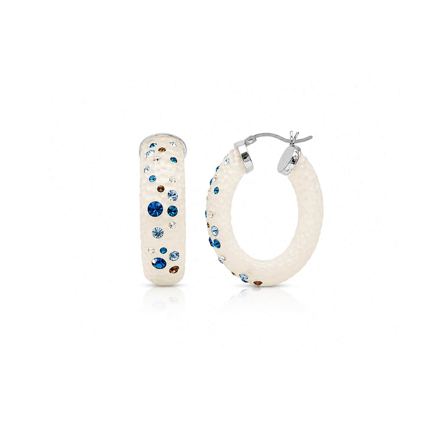 Pair of hoop earrings with blue and brown gemstones on a white background