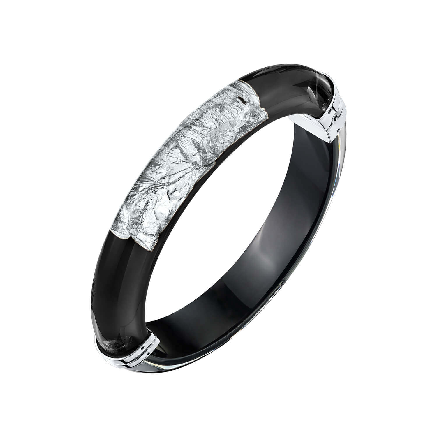 A black bangle bracelet featuring a silver leaf inlay, shown on a plain white background.