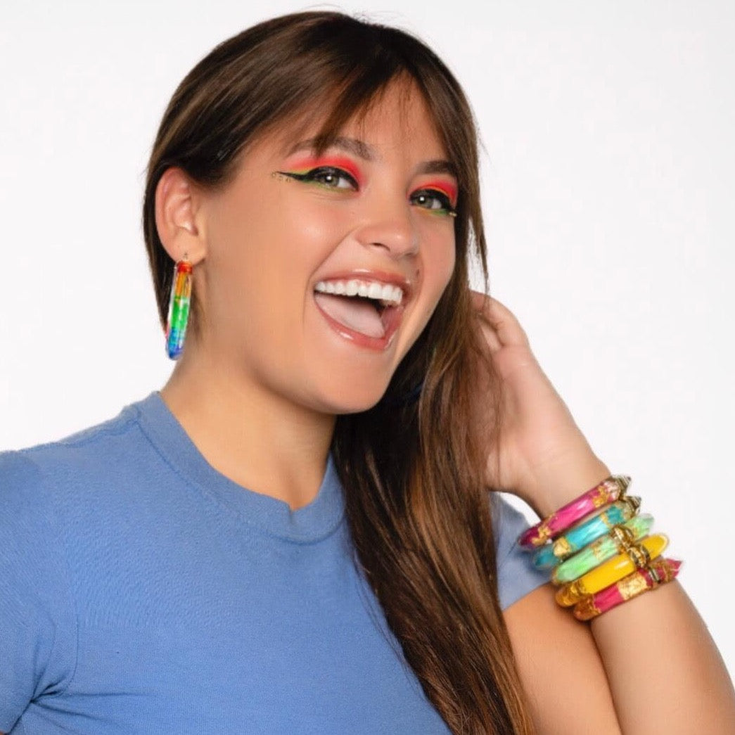 Rainbow tie dye hoop earrings for pride and gold leaf bangles