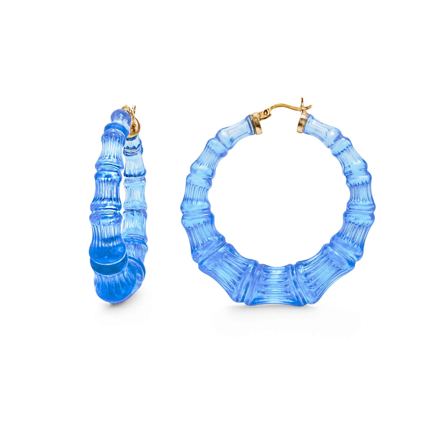 Blue bamboo hoop earrings with gold accents on a white background