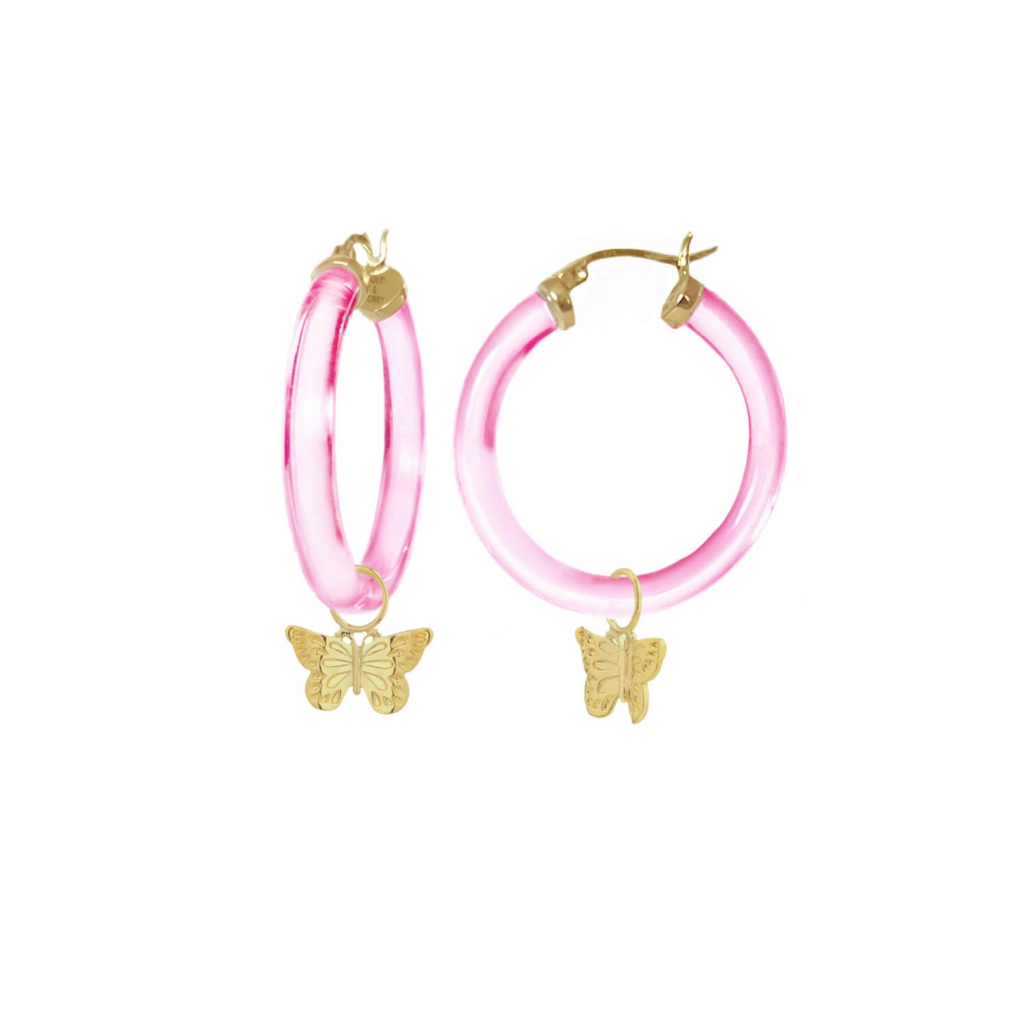 butterfly charm hoop earrings in pink lucite