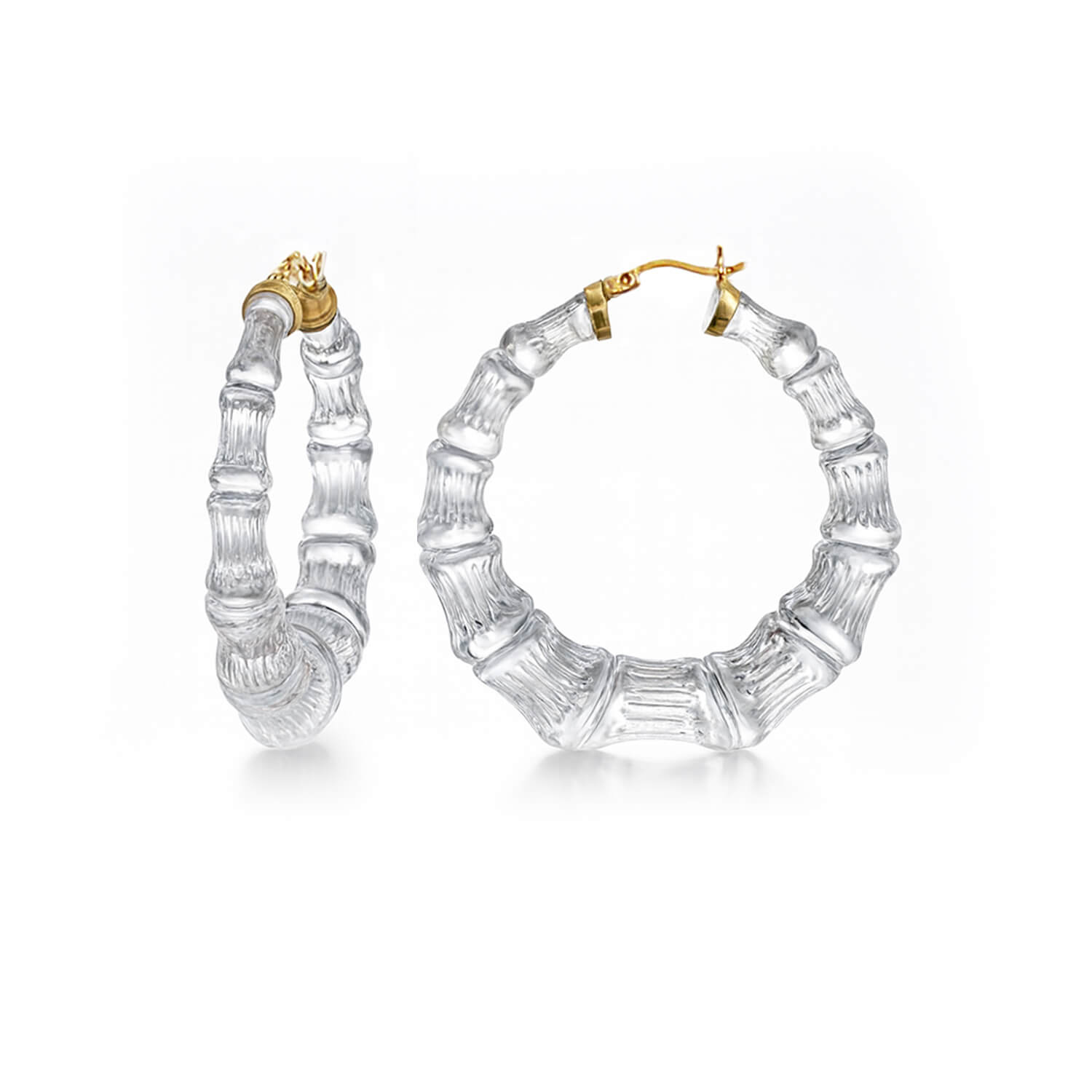 Clear bamboo hoop earrings with gold accents on a white background