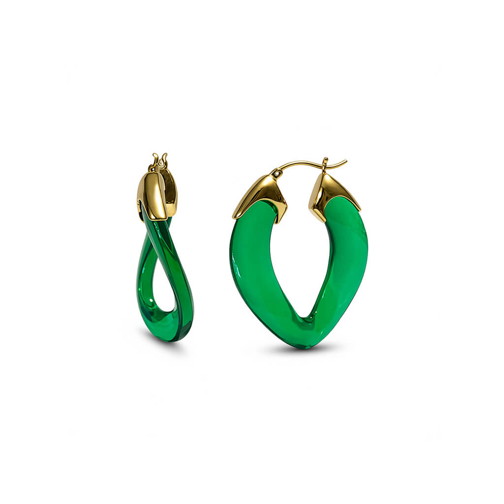 Green hoop earrings with gold accents on a white background