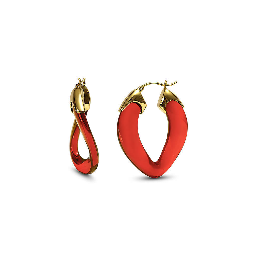 Red hoop earrings with gold accents on a white background