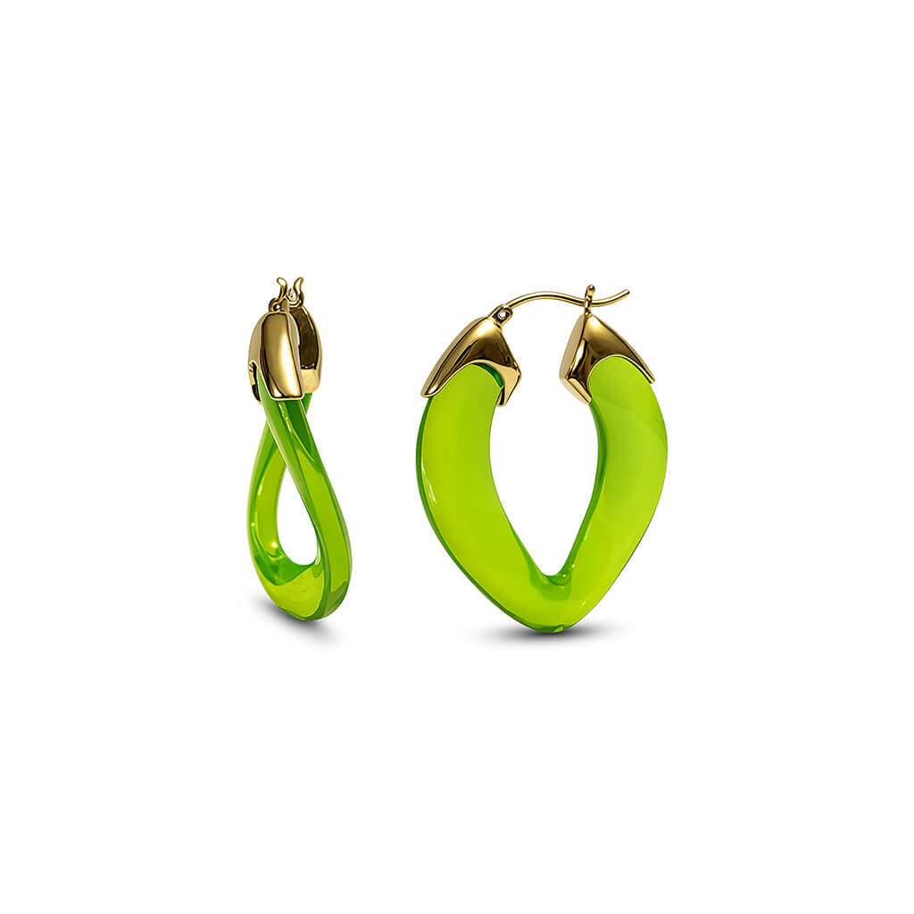 Green hoop earrings with gold accents on a white background