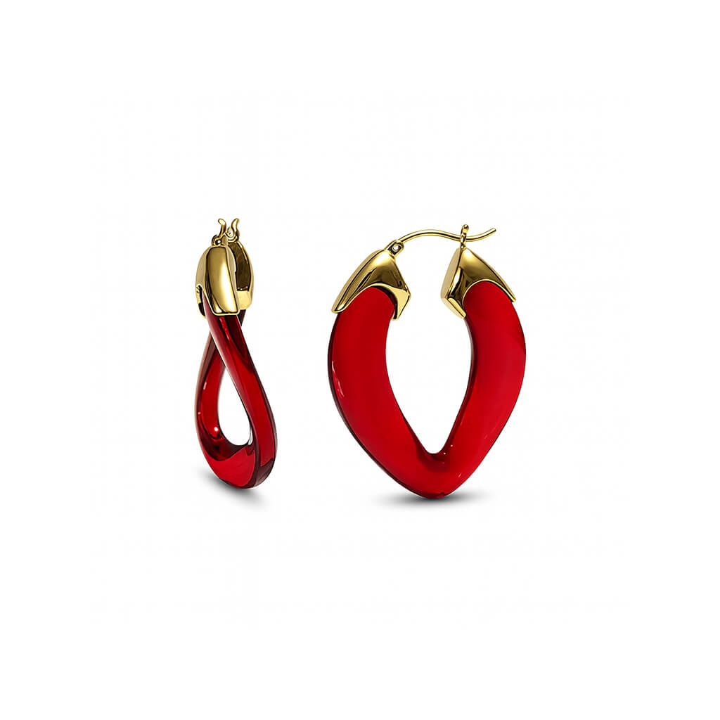 Red hoop earrings with gold accents on a white background