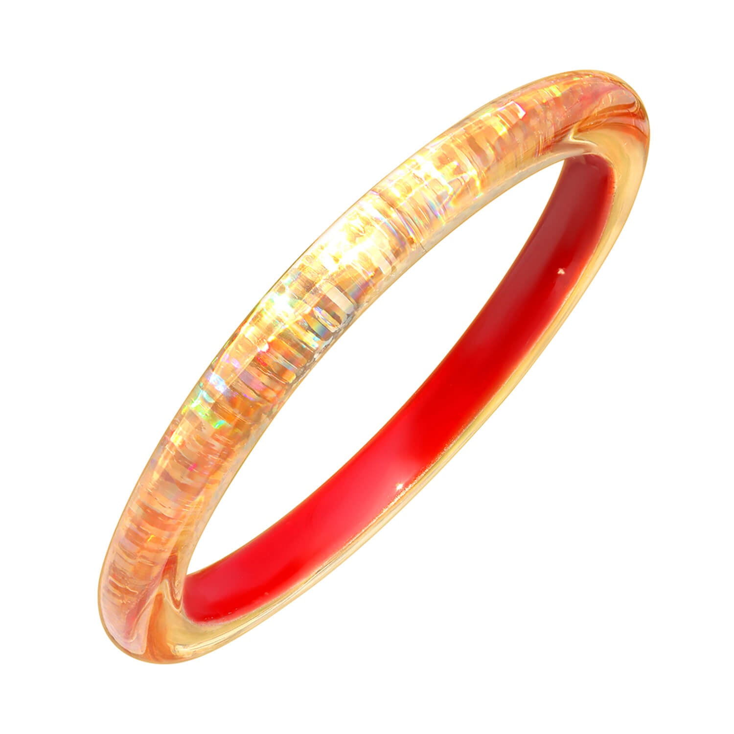 A thin bangle with iridescent gold-toned outer surface and a smooth, vibrant red inner lining, shown on a plain white background.