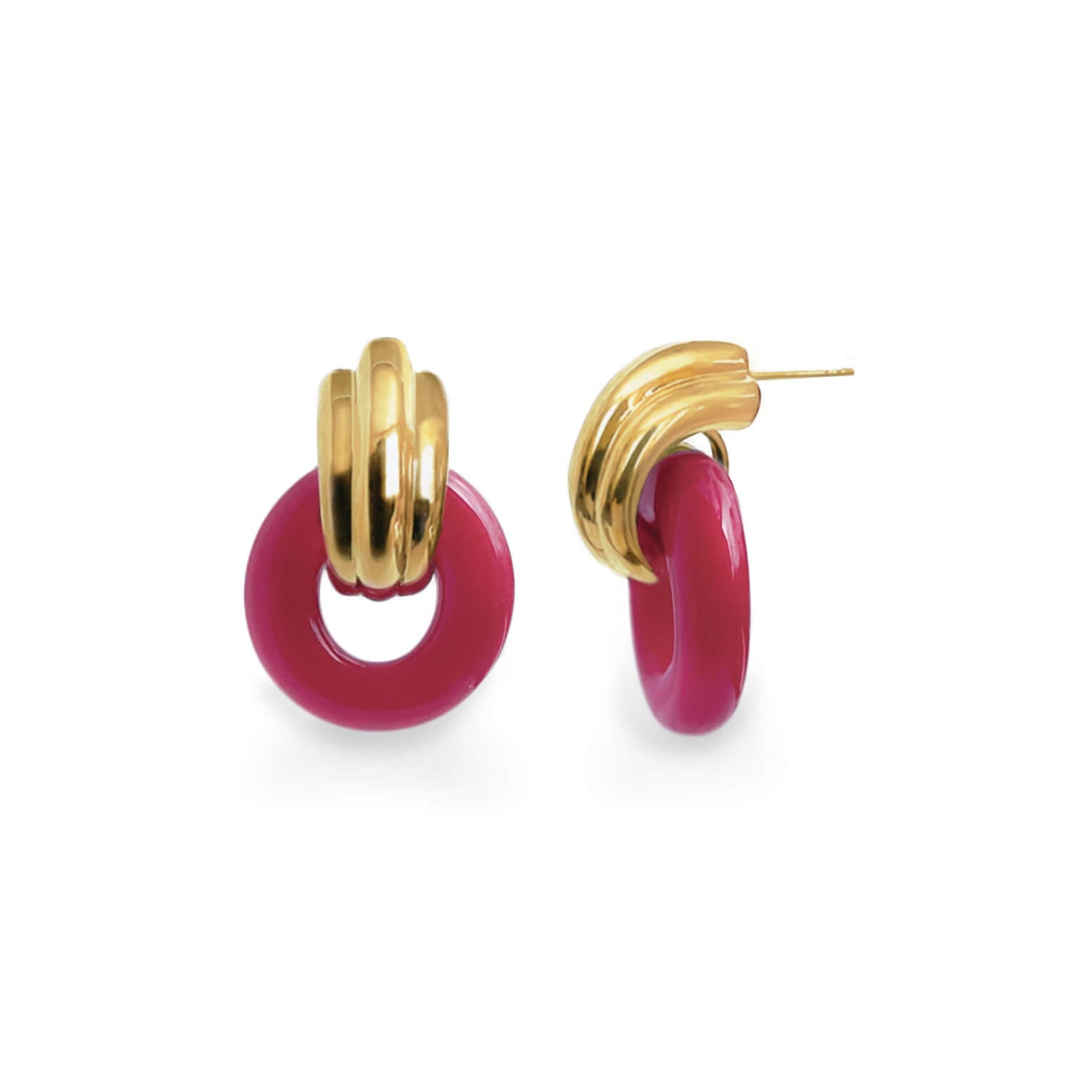 classic gold door knocker earrings in pink lucite
