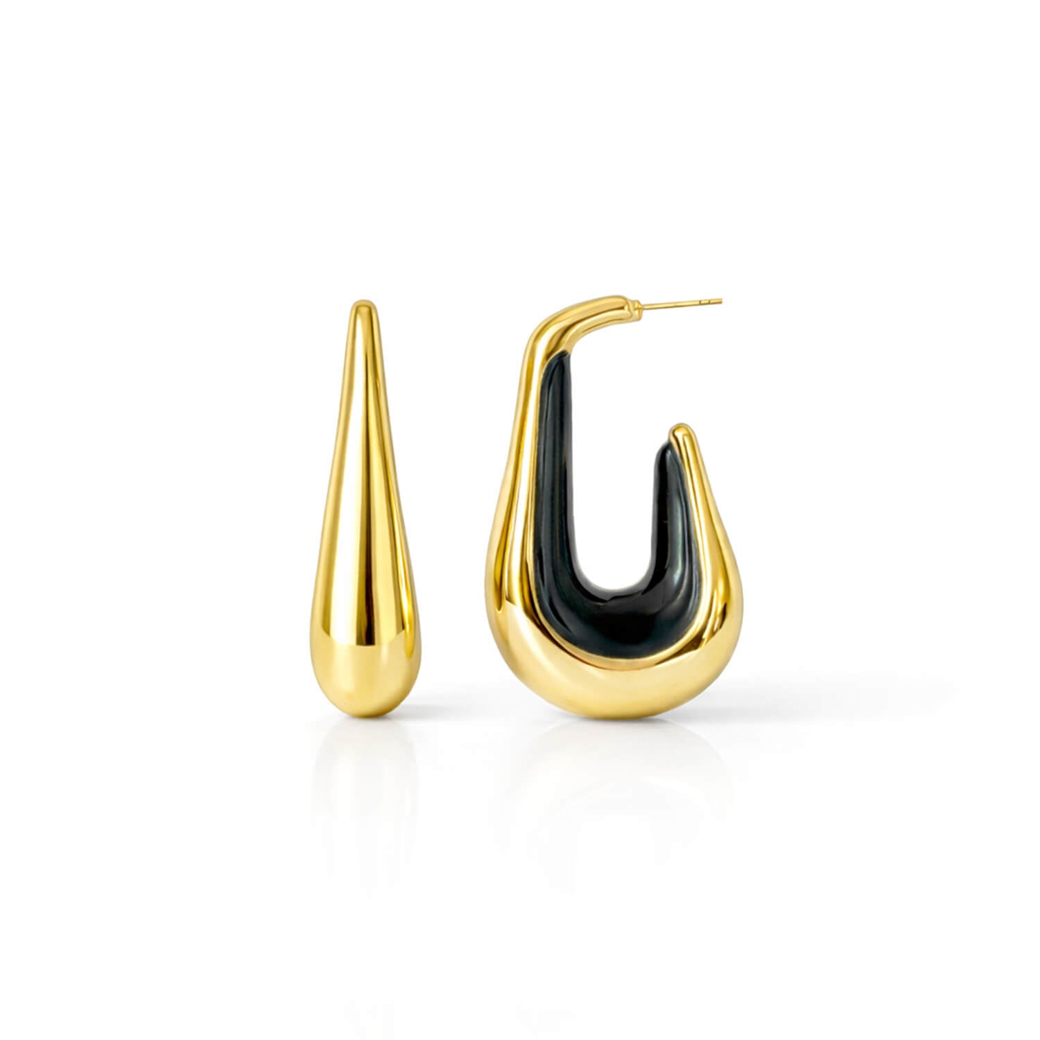 Gold hoop earrings with black centers on a white background