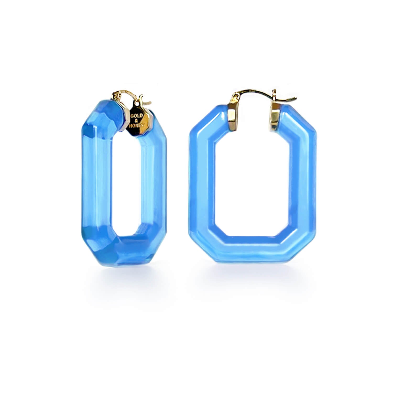 blue emerald gem cut hoop earrings