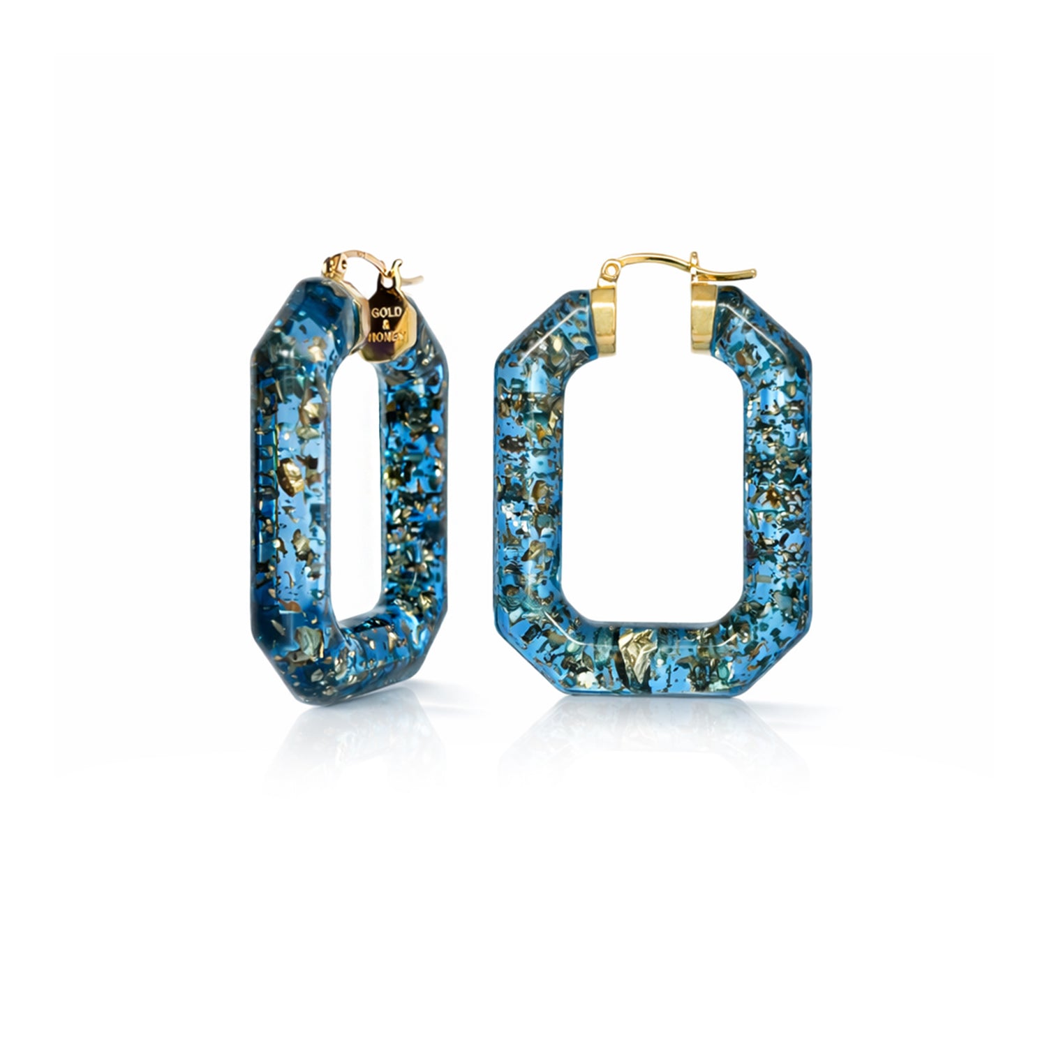 Blue hoop earrings with gold accents on a white background