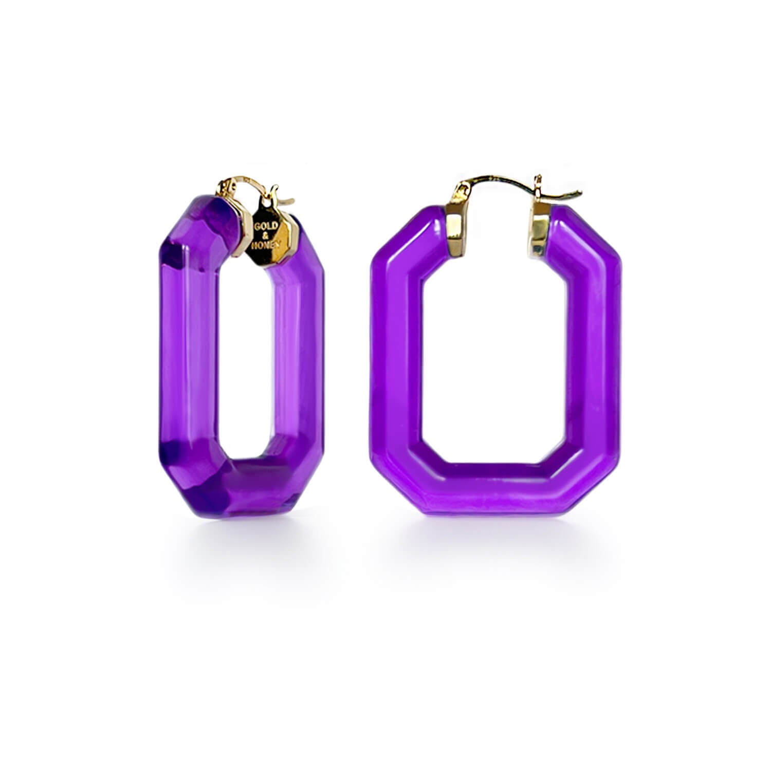 emerald gem cut purple hoop earrings