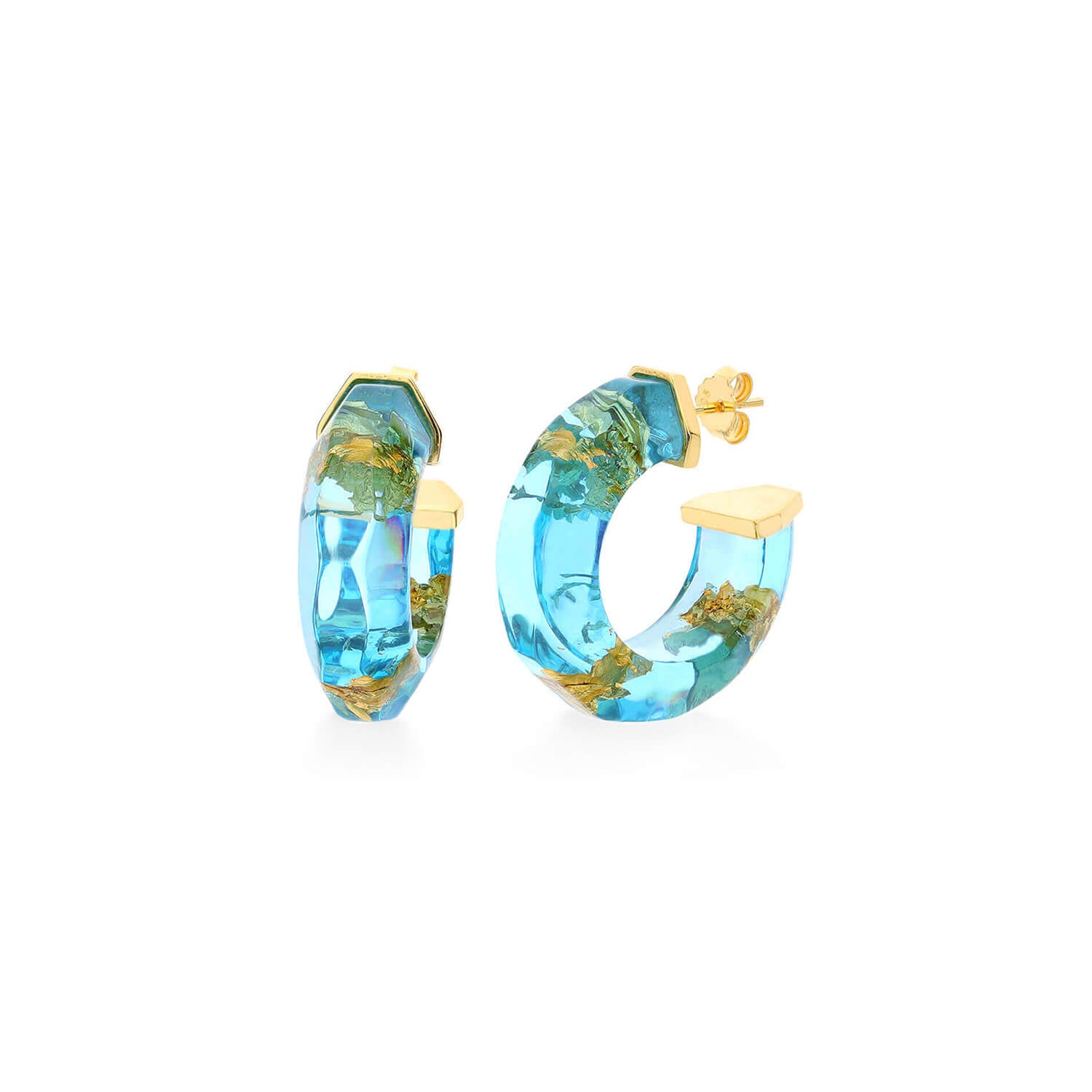 faceted huggies with 24k gold leaf in aqua blue lucite
