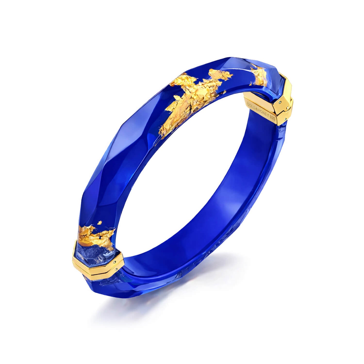 Blue bracelet with gold accents on a white background