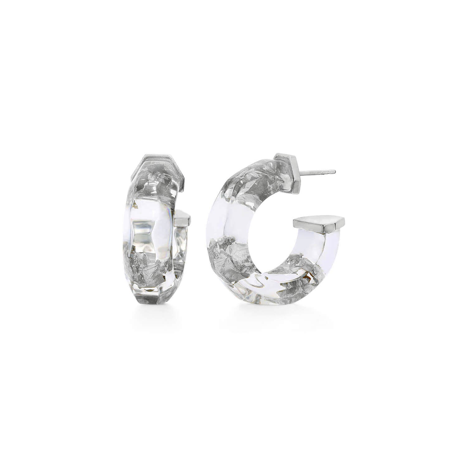 faceted huggies with silver leaf in crystal clear lucite
