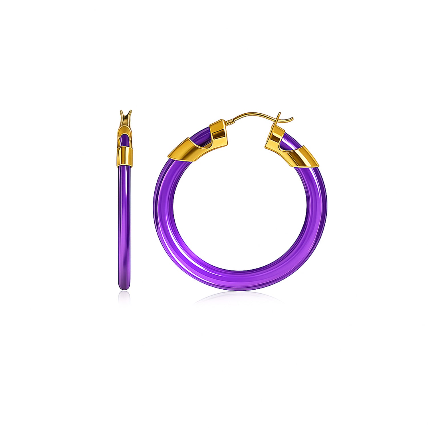 Purple hoop earrings with gold accents on a white background