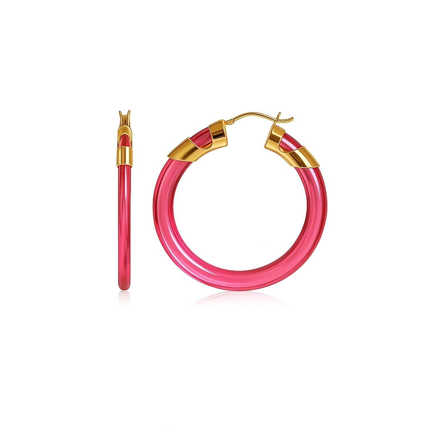 Pink hoop earrings with gold accents on a white background