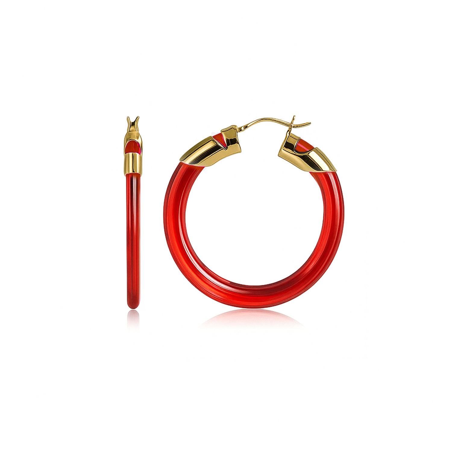 Red hoop earrings with gold accents on a white background