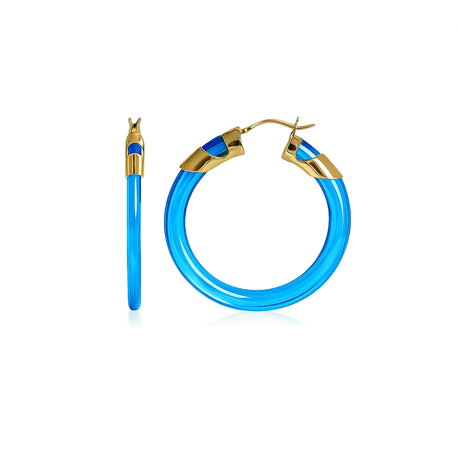 Blue hoop earrings with gold accents on a white background