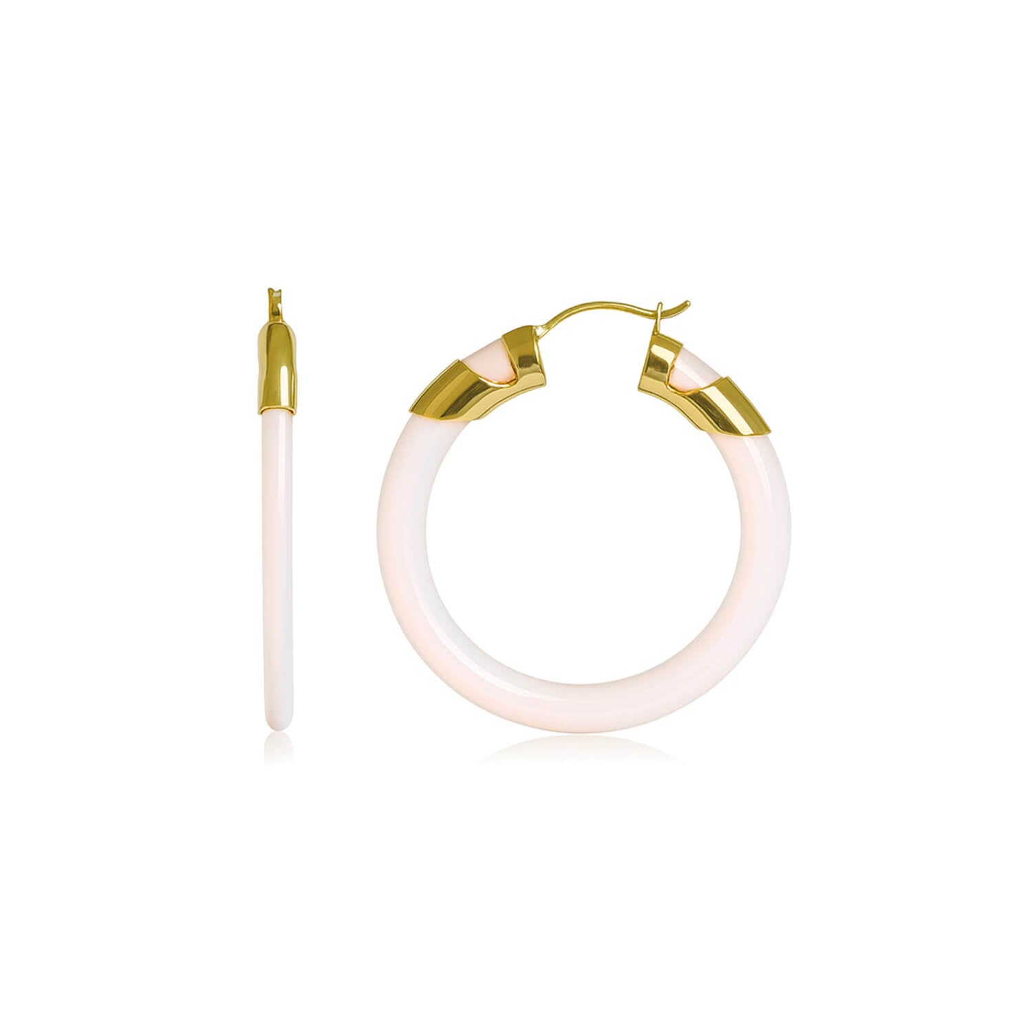 Gold hoop earring with a white band on a white background