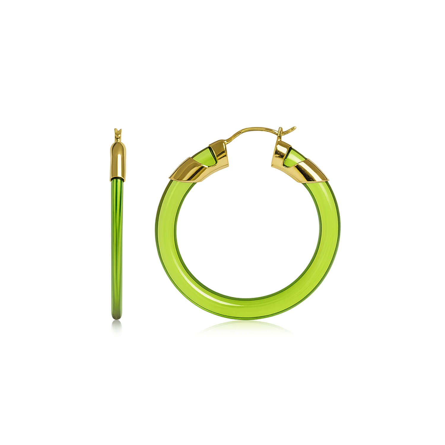 Green hoop earrings with gold accents on a white background