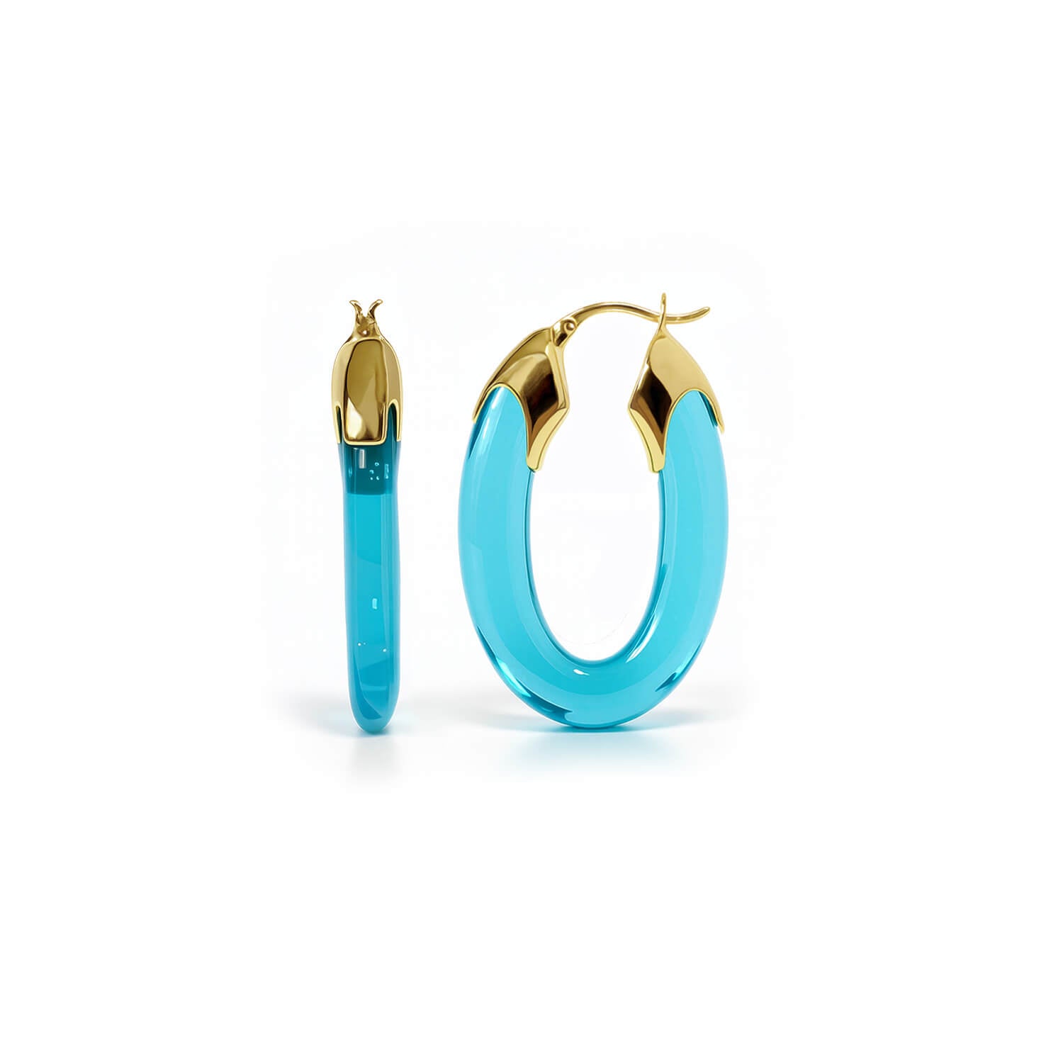 Gold hoop earrings with turquoise blue circular stones on a white background