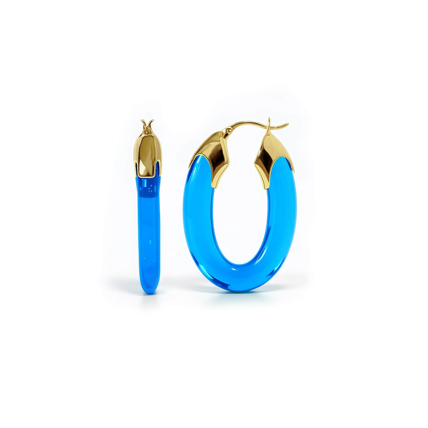 Blue hoop earrings with gold accents on a white background