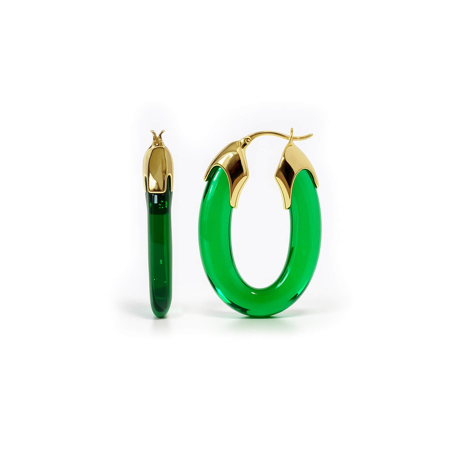 Green hoop earrings with gold accents on a white background