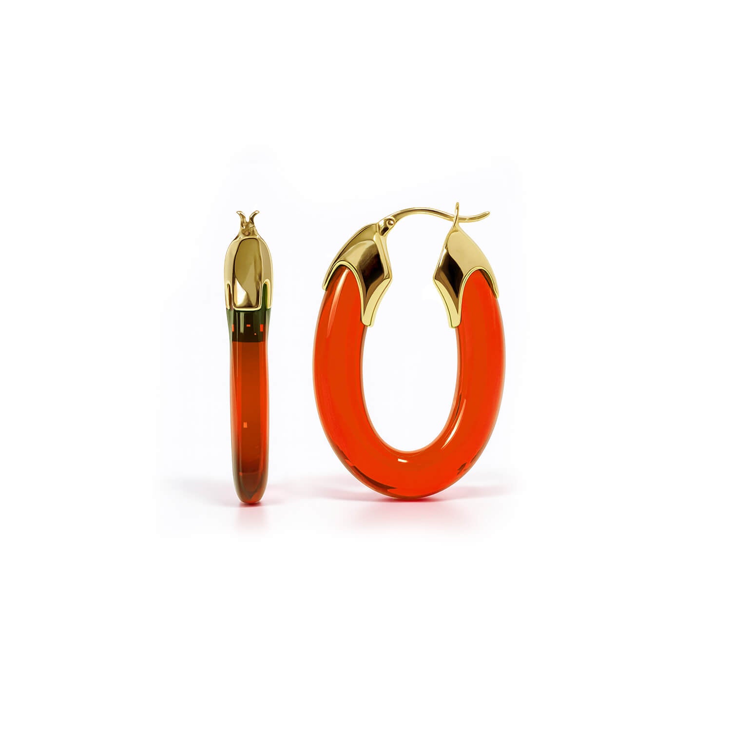 Gold hoop earrings with red-orange on a white background
