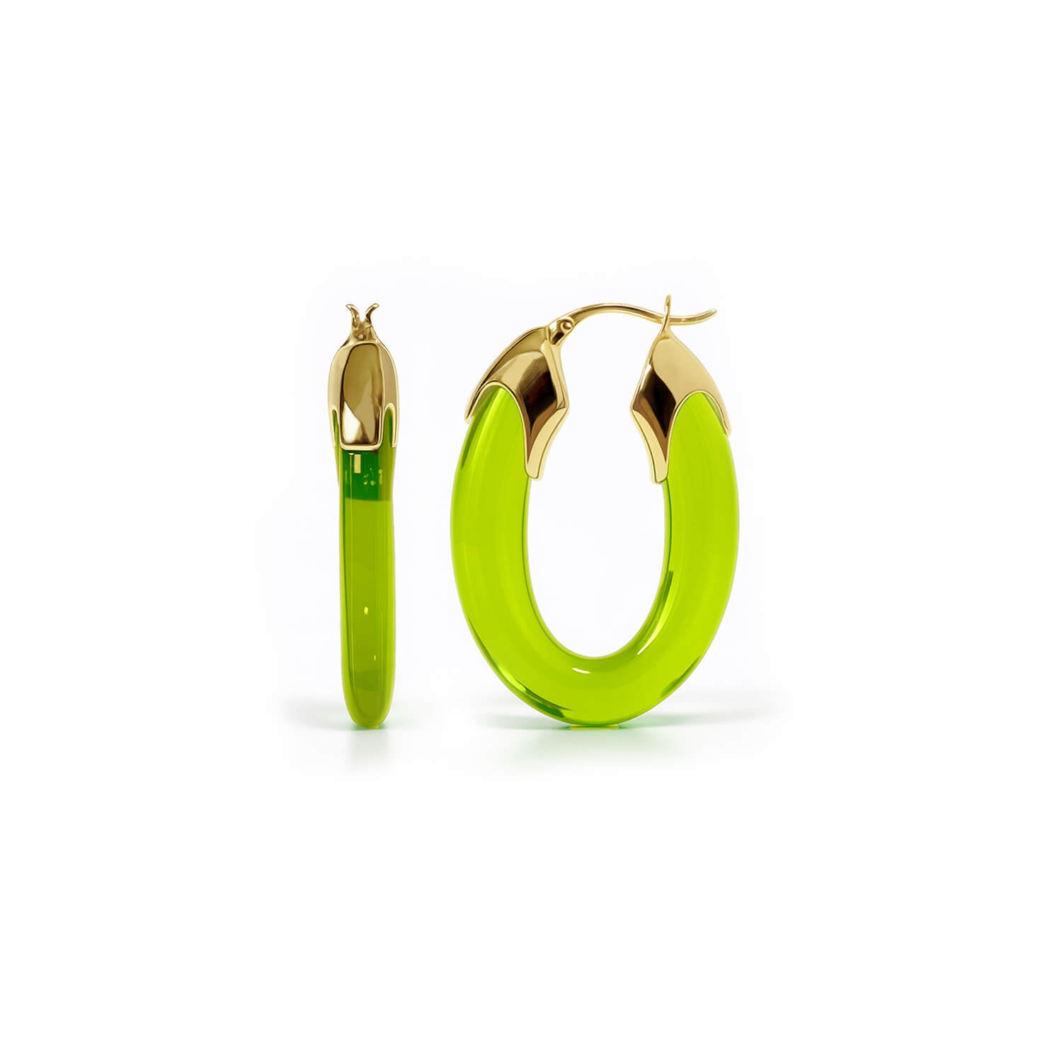 Green hoop earrings with gold accents on a white background