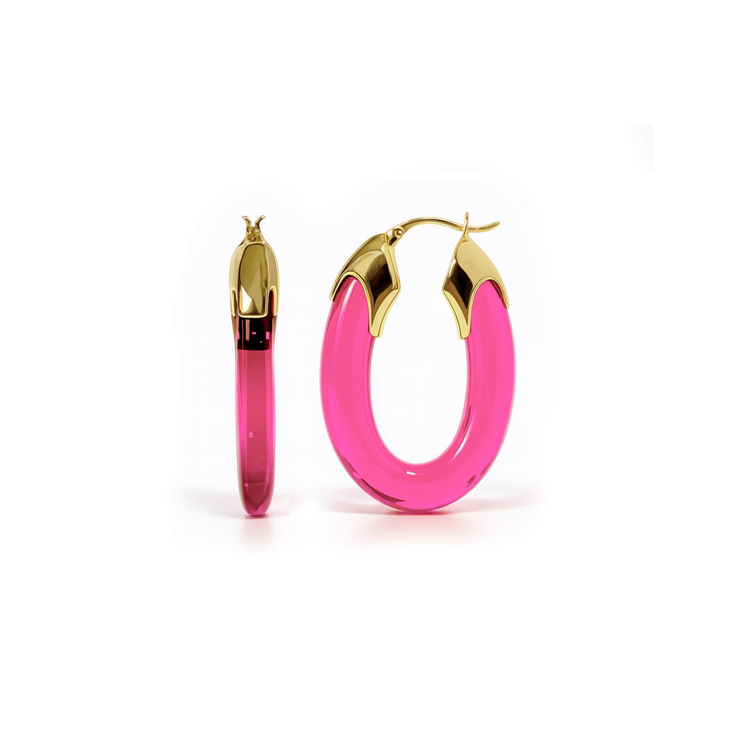 Pink hoop earrings with gold accents on a white background