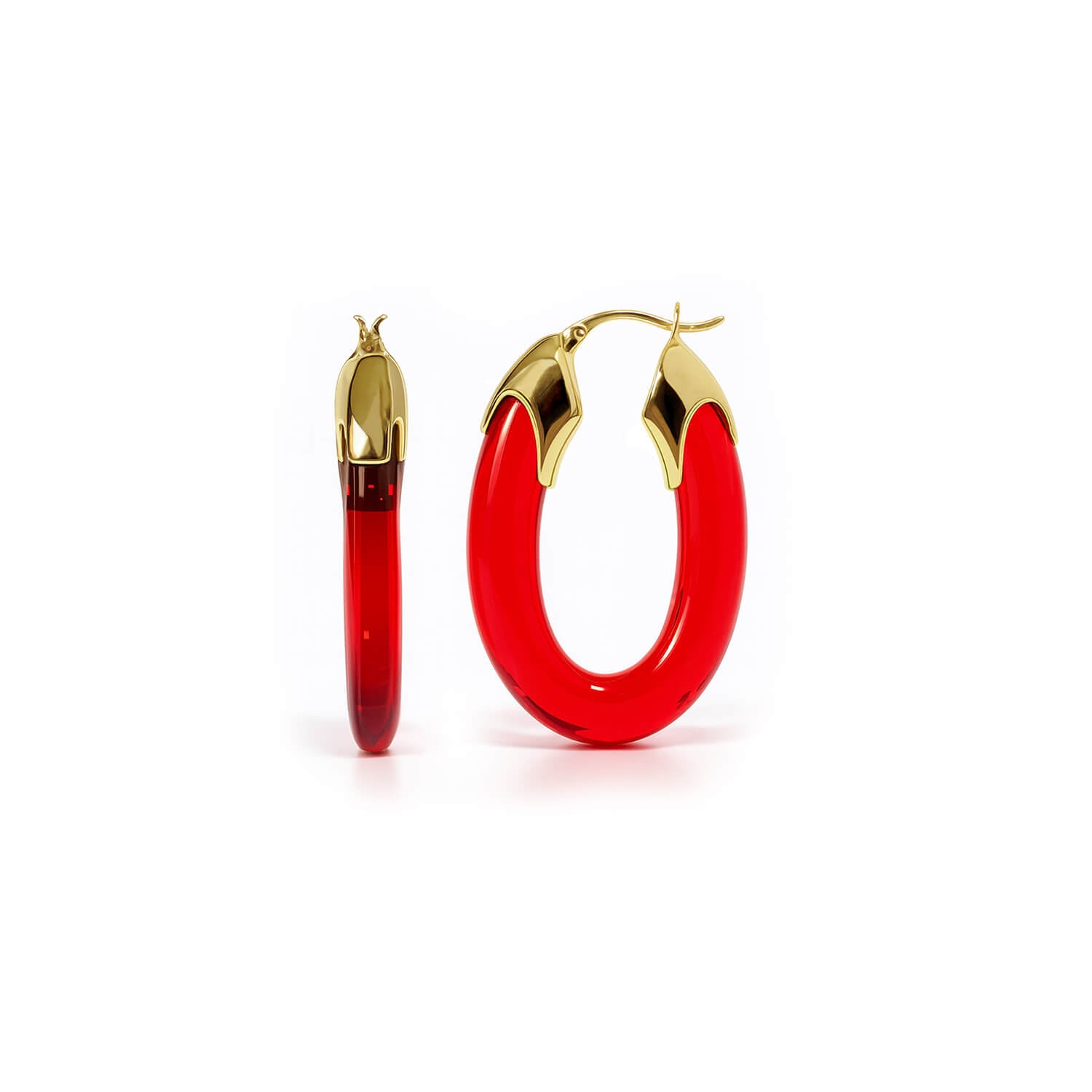 Red hoop earrings with gold accents on a white background