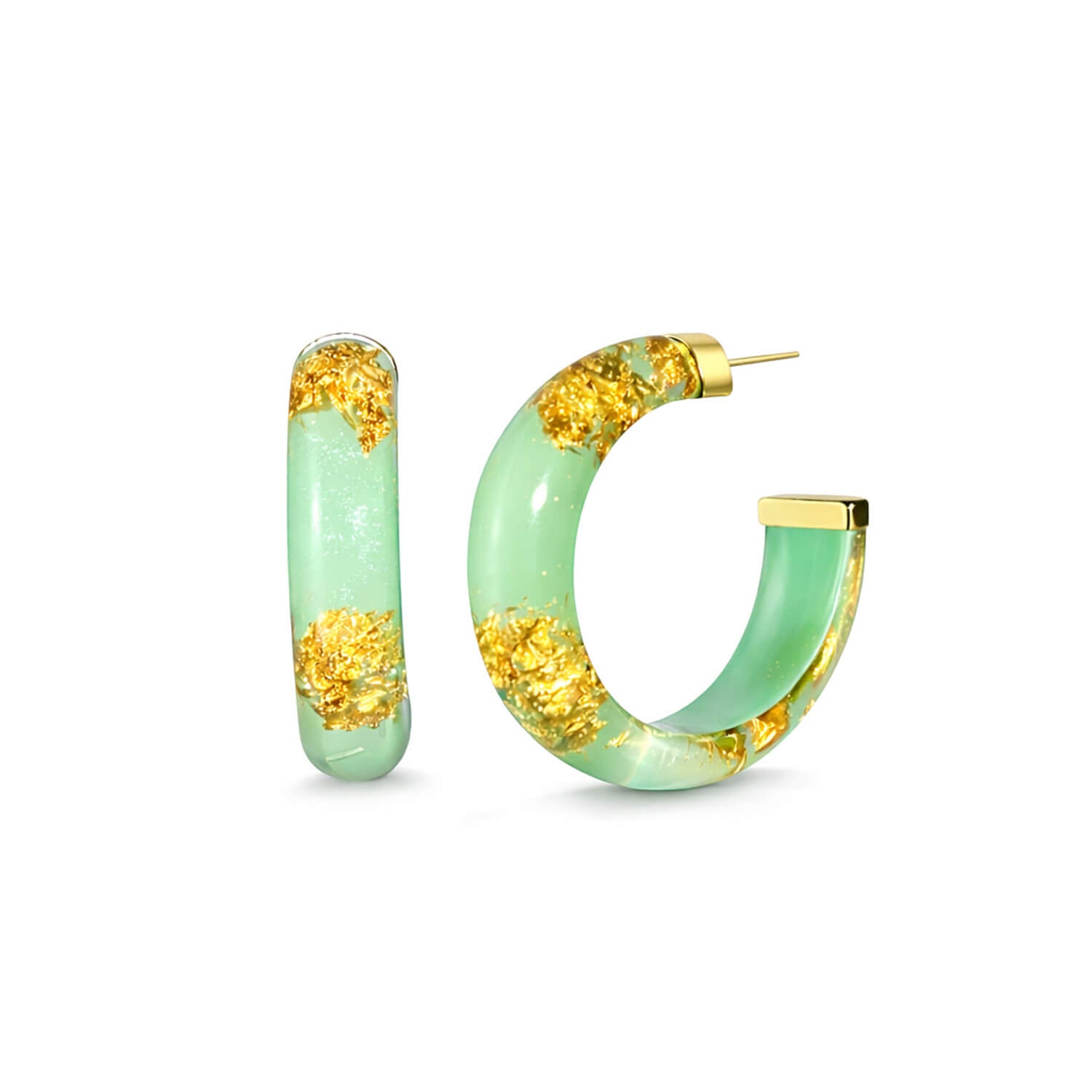 Green hoop earrings with gold accents on a white background