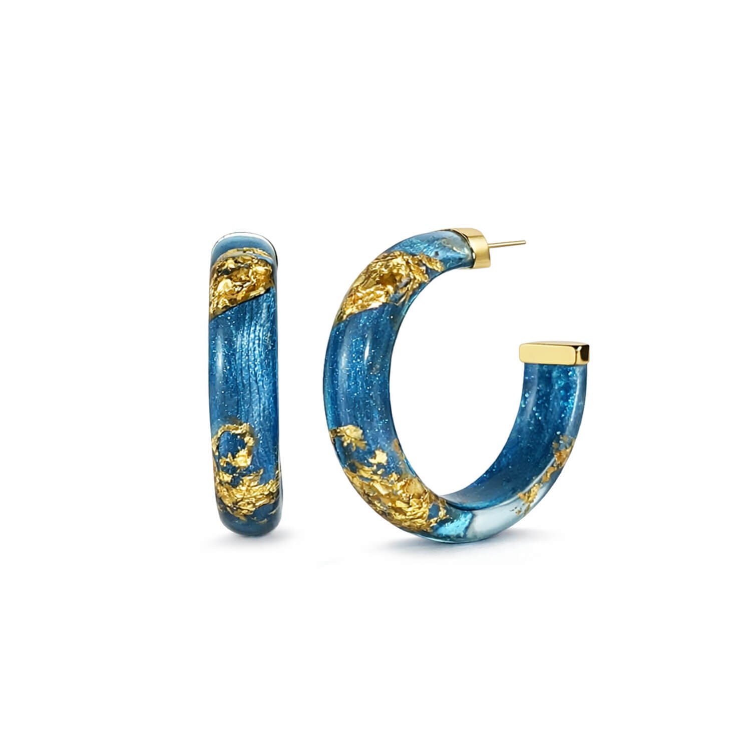 Blue hoop earrings with gold accents on a white background