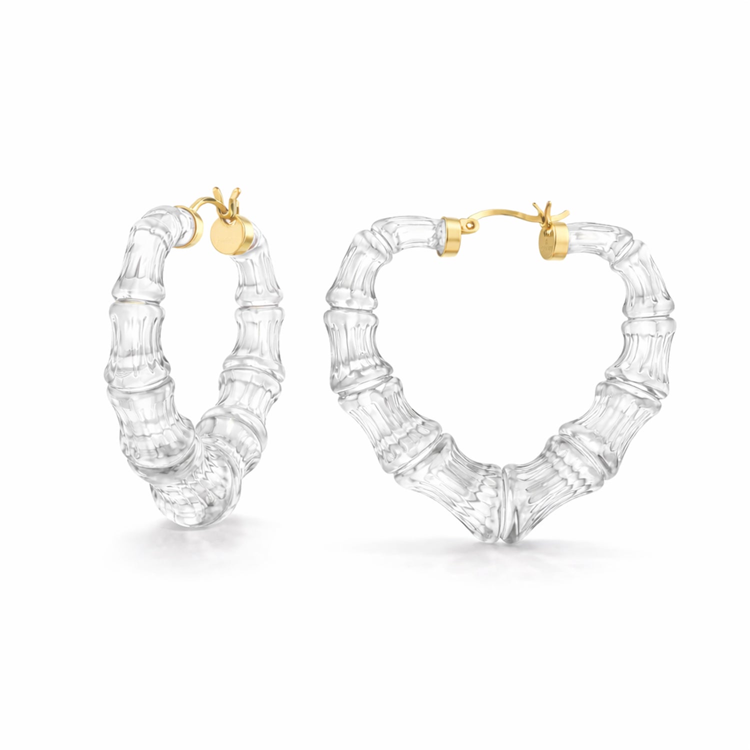 Clear hoop earrings with gold accents on a white background