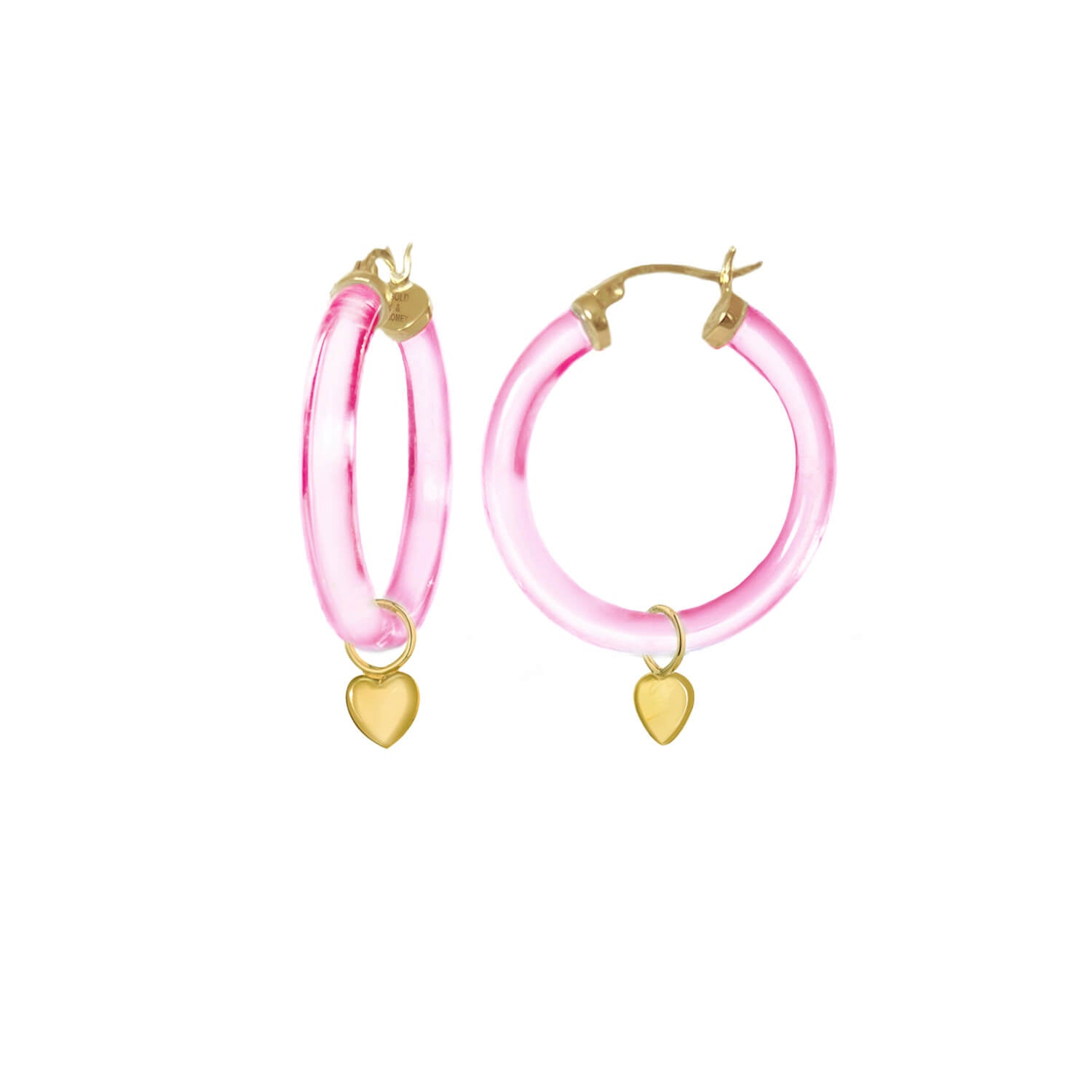 small heart charm hoop earrings in pink lucite
