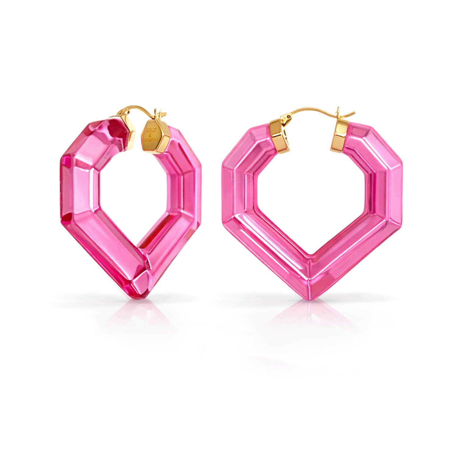 Pink hexagonal hoop earrings with gold accents on a white background